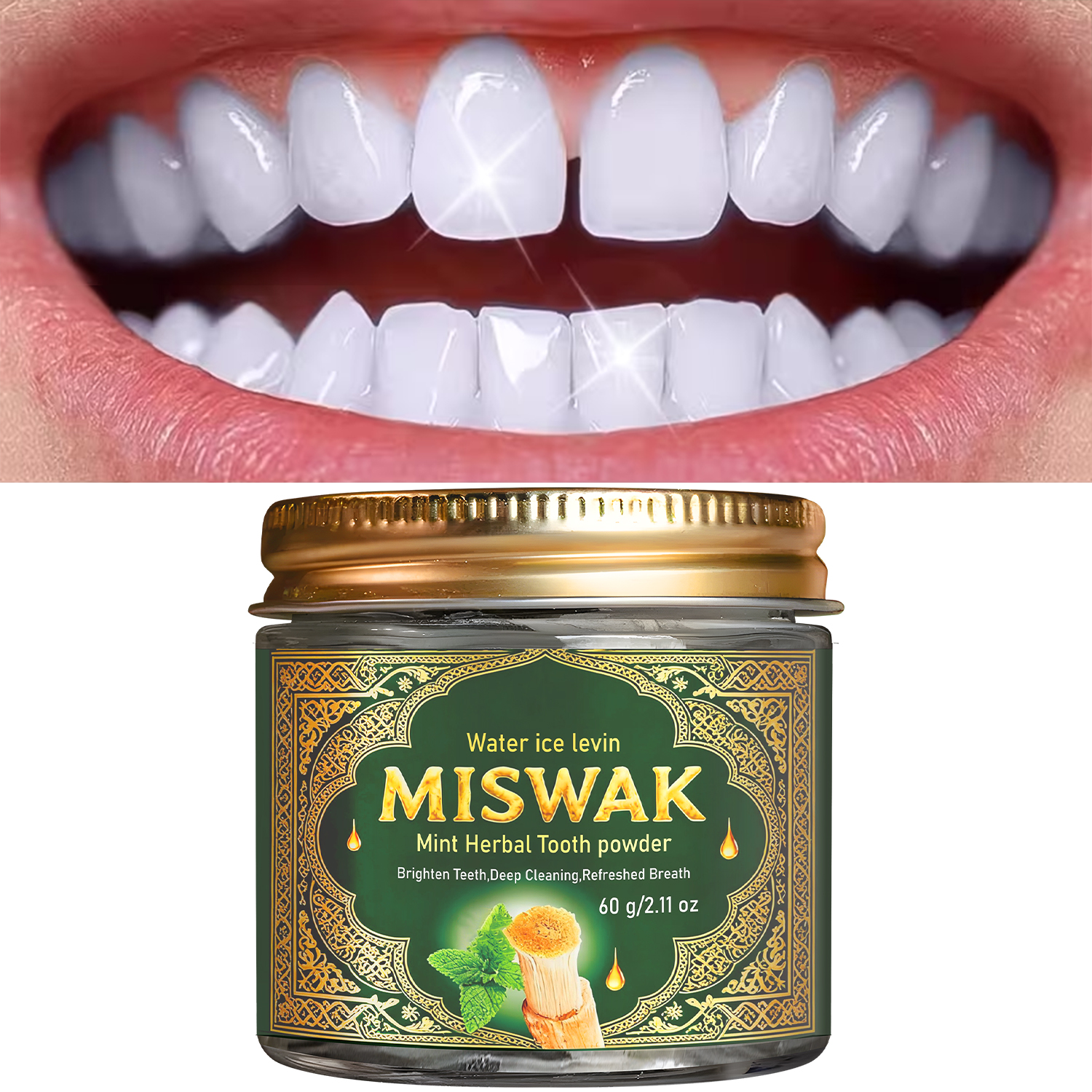 Teeth Whitening Charcoal Powder - Miswak Mint Herbal Tooth Powder -