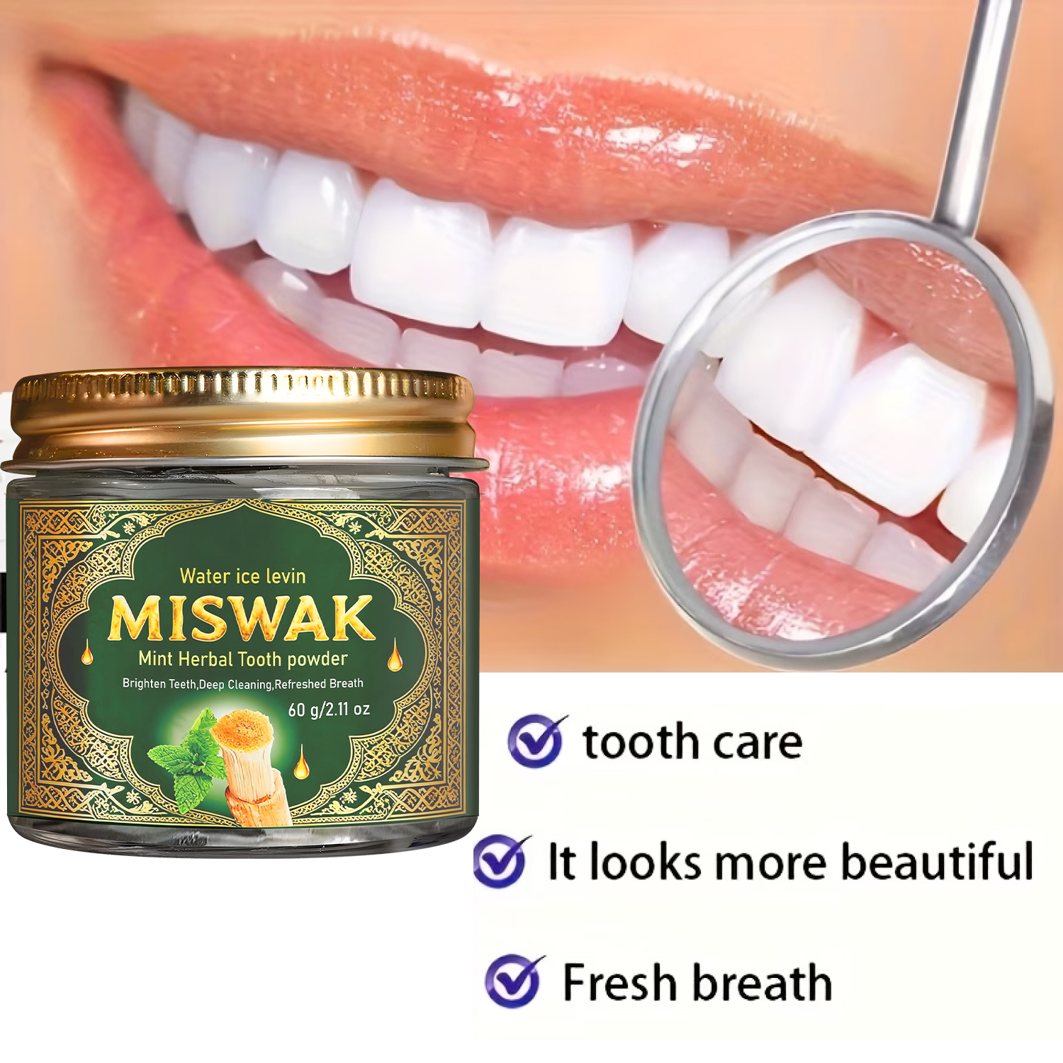 Miswak Mint Herbal Tooth Powde - Teeth Whitening Charcoal Powder review and price